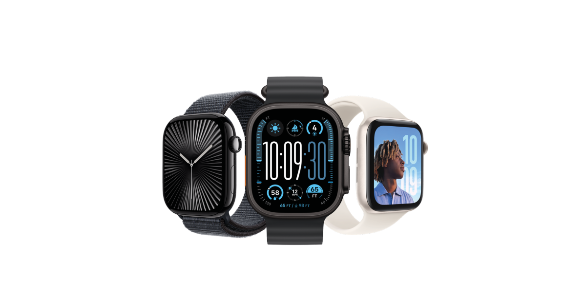Eine Übersicht der aktuellen Apple Watch Modelle: Apple Watch Series 10 in Schwarz, Apple Watch Ultra 2 in Schwarz und Apple Watch SE in Weiß.