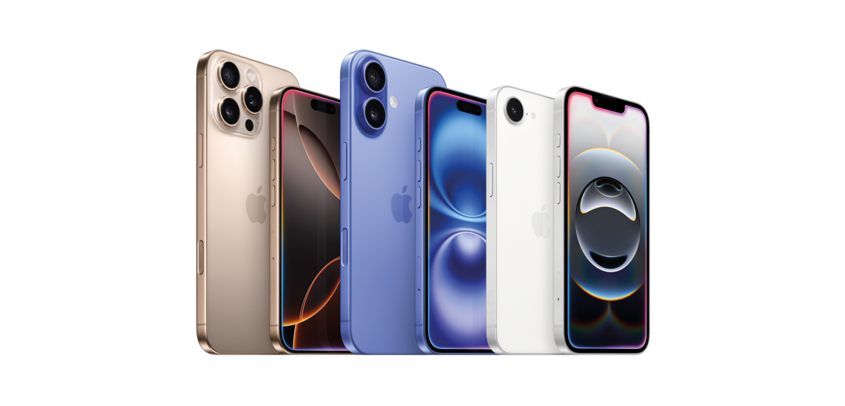 Eine Übersicht der aktuellen Apple iPhone Modelle: iPhone 16 Pro Max, iPhone 16 Pro, iPhone 16 Plus, iPhone 16 und iPhone 16e.