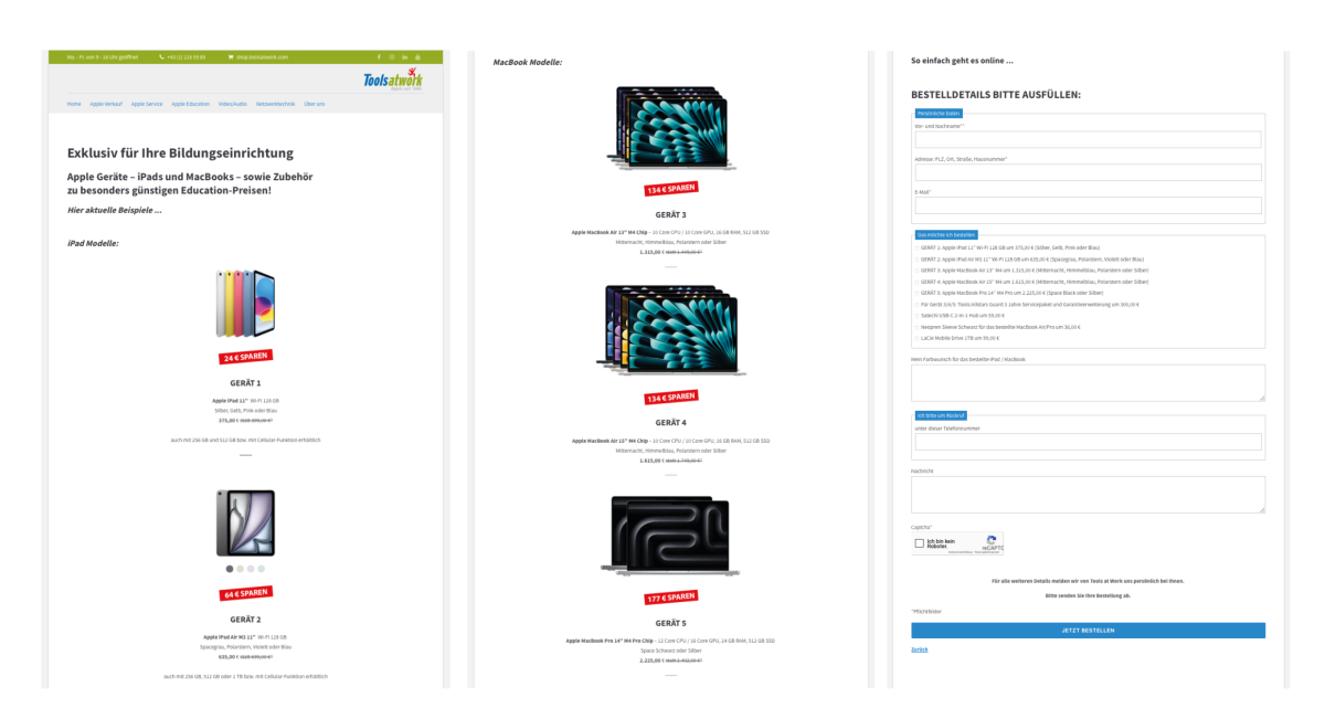 Drei Screenshots einer Tools at Work Bestell-Landingpage als Muster