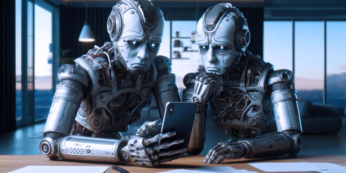 Zwei Roboter mit verzweifelten Mienen sitzen an einem Schreibtisch und bedienen ein iPhone